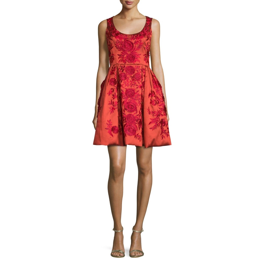 Marchesa Sleeveless Floral Embroidered Flared Red Cocktail Dress Size 8 $3695